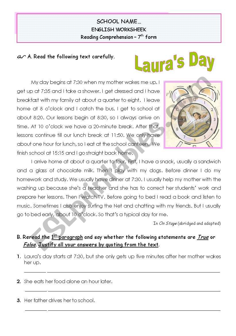 LauraÂ´s Day - reading comprehension/writing