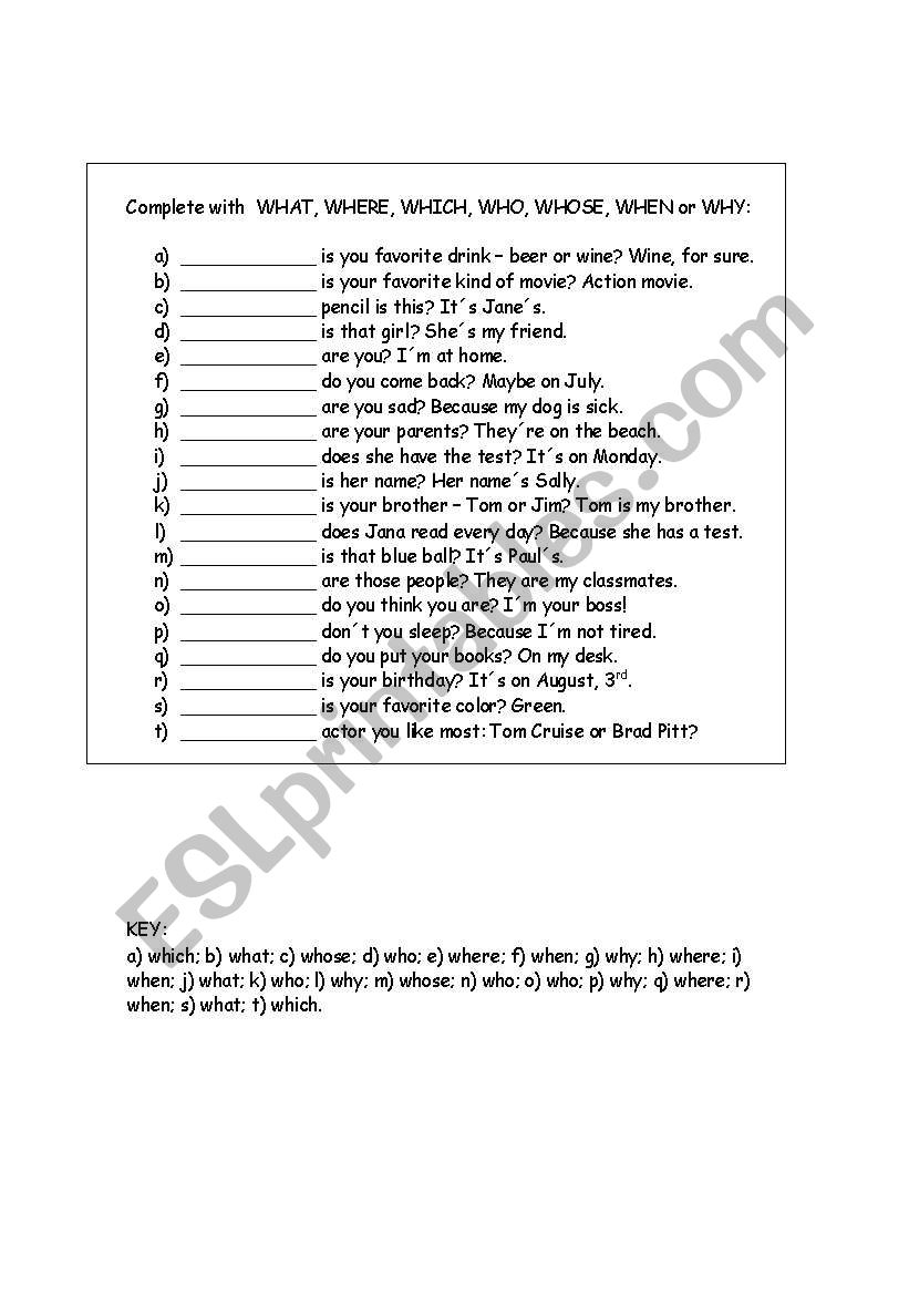 Question Word Exercise worksheet