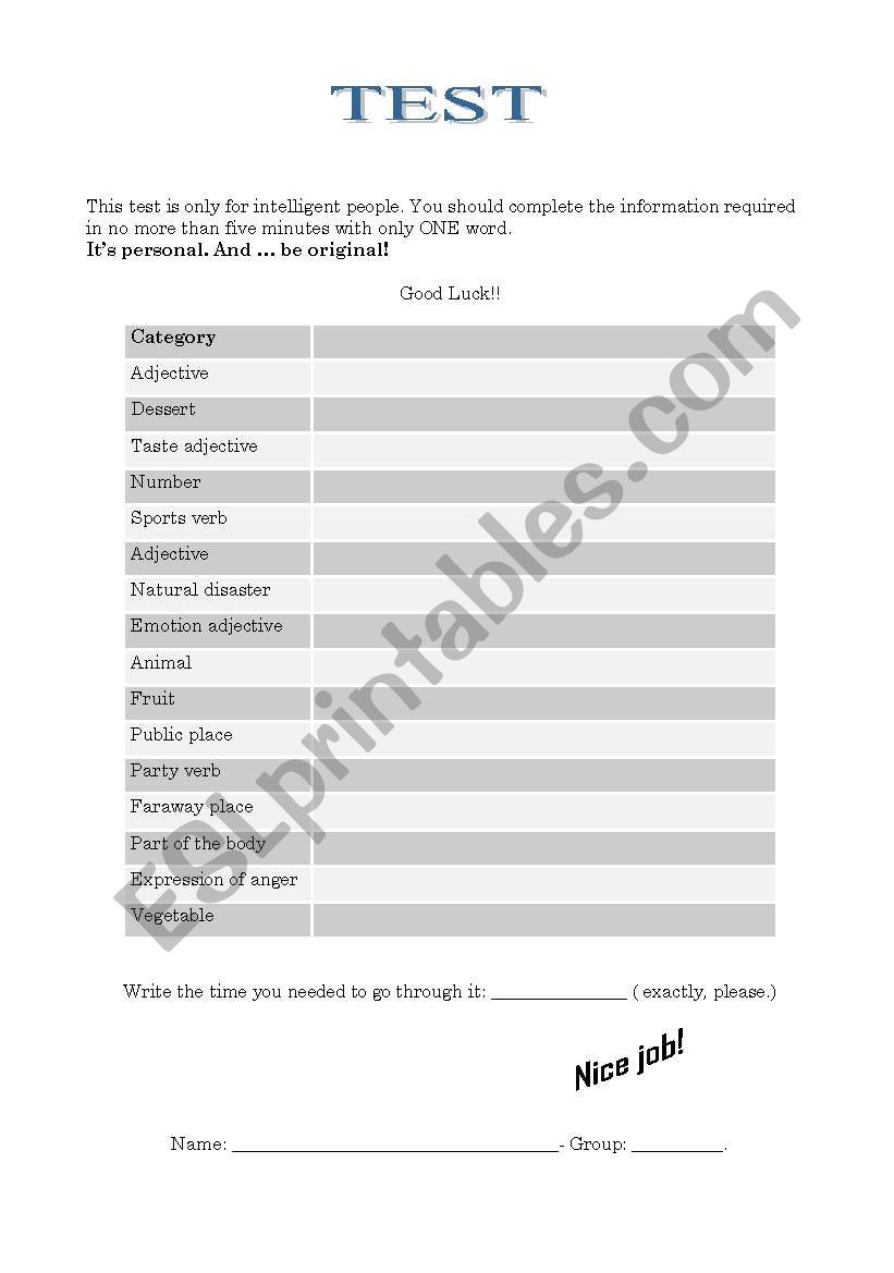 A  TEST worksheet