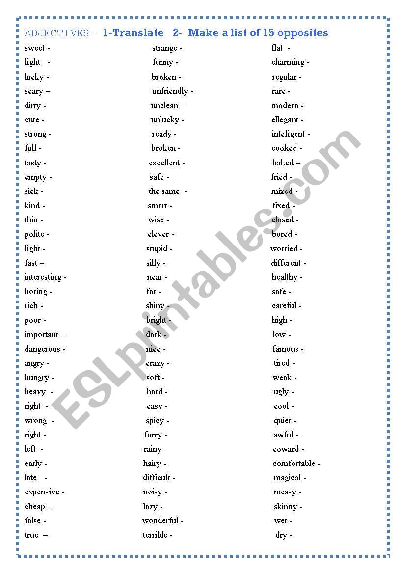 OPPOSITES- translate, match worksheet