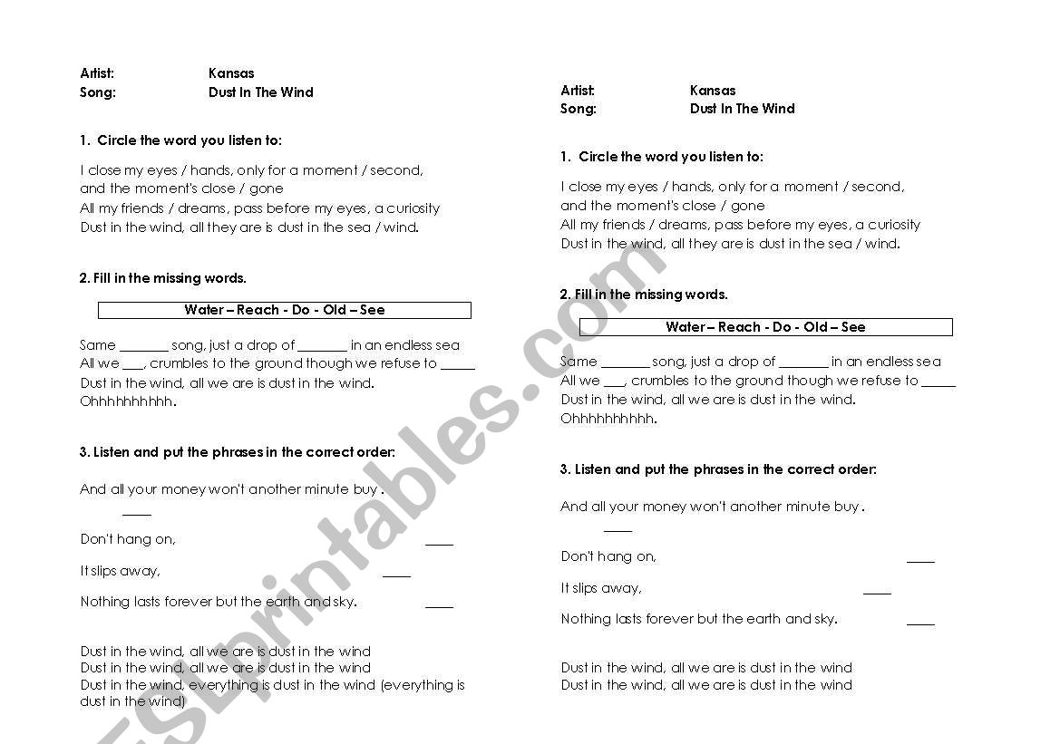 Dust in the Wind worksheet