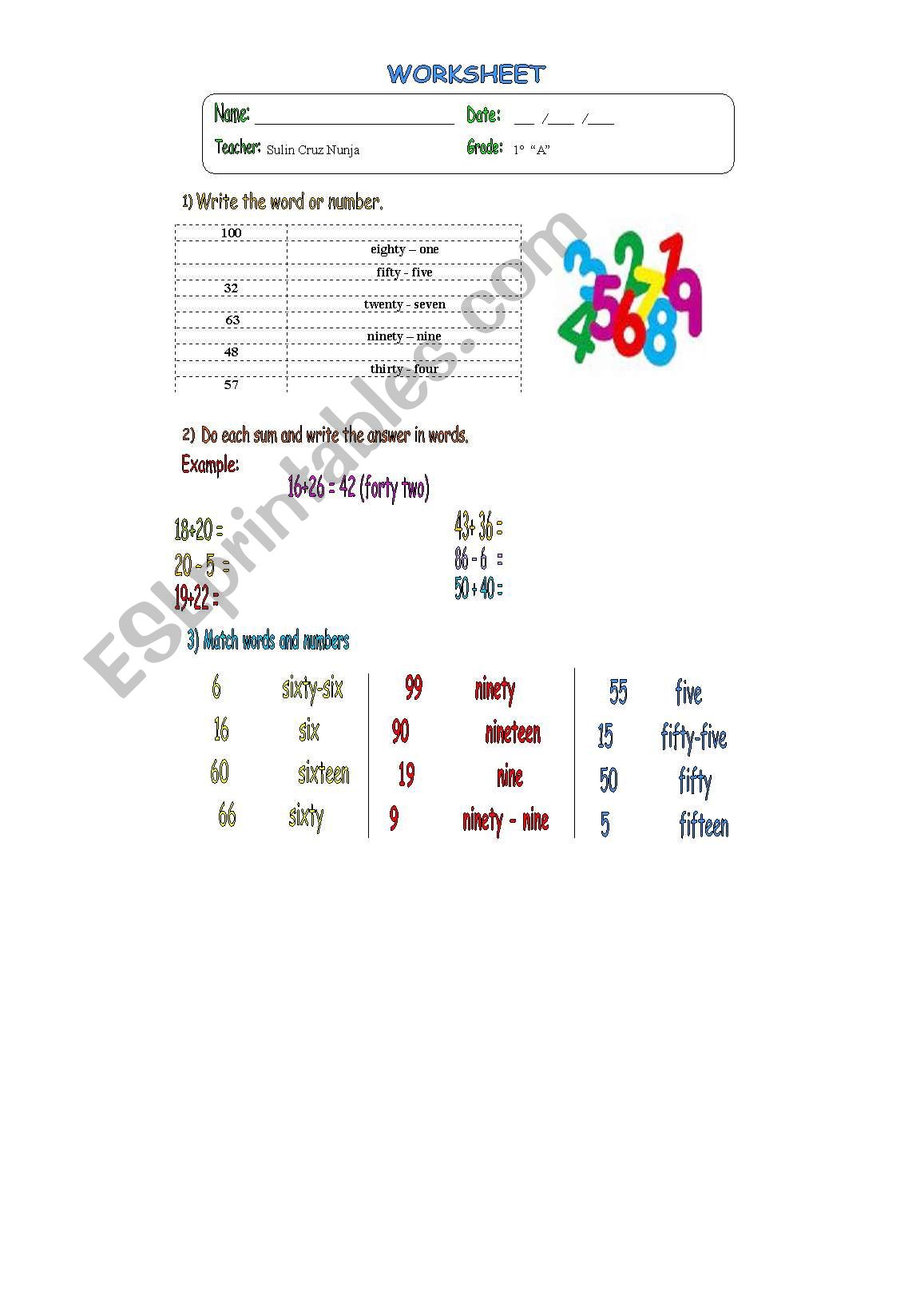 numbers worksheet