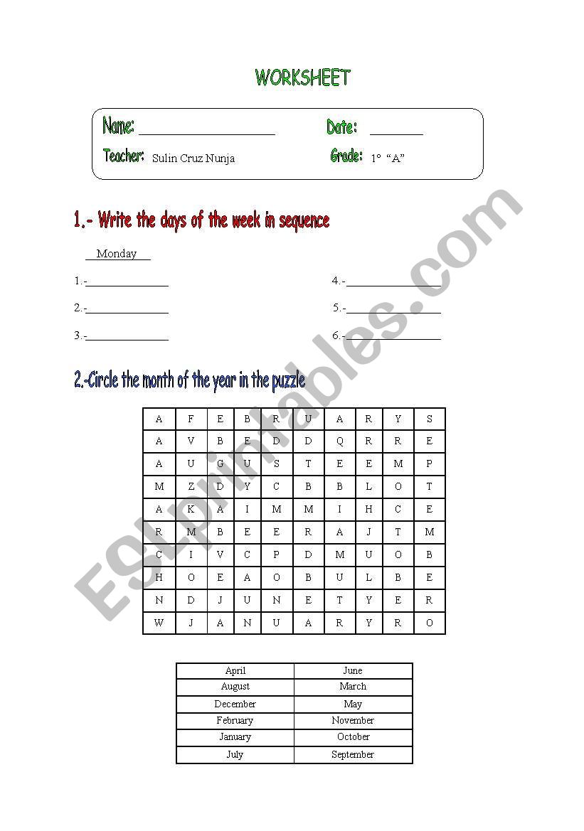 month and days worksheet