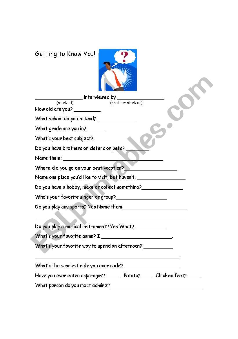 Getting to Know You worksheet