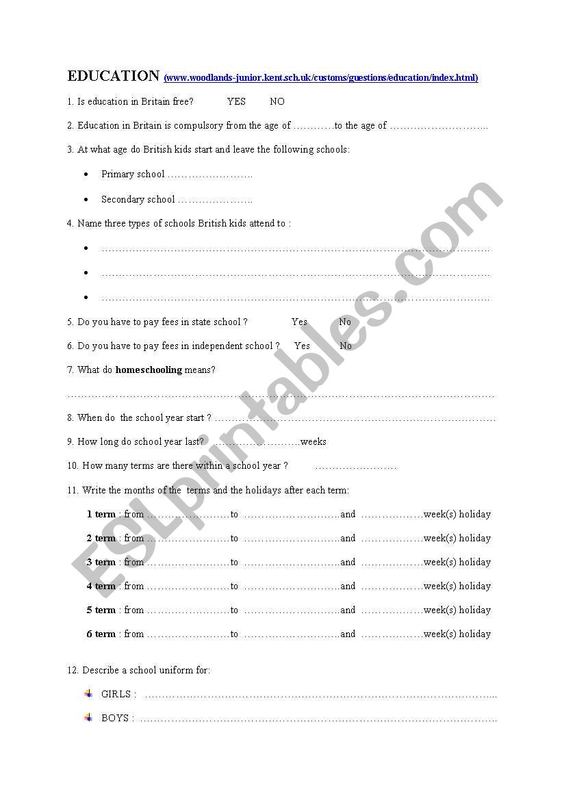 EDUCATION IN BRITAIN worksheet