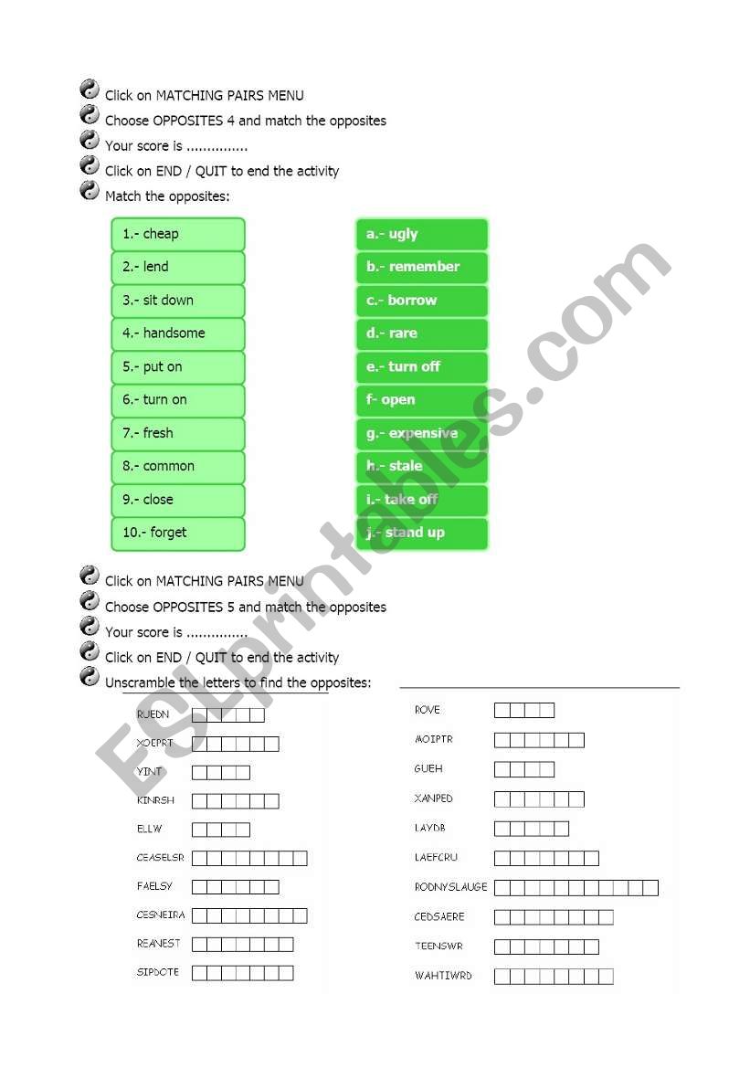 Opposites 3/4 worksheet