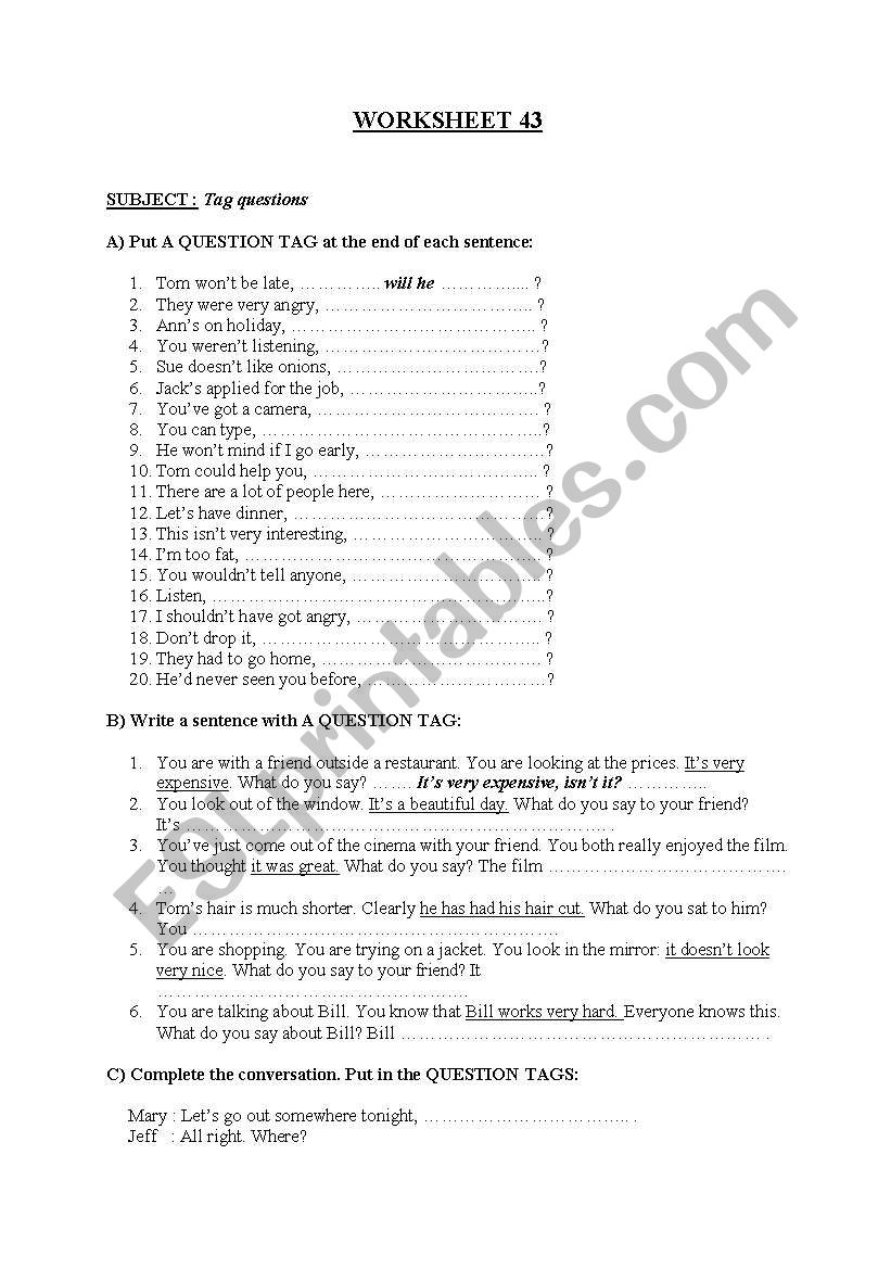 tag questions worksheet