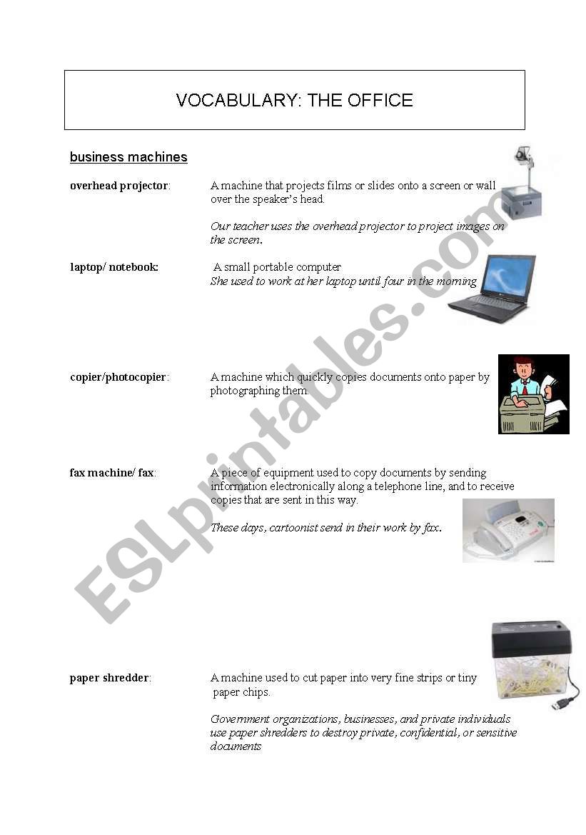 vocabulary list - the office worksheet