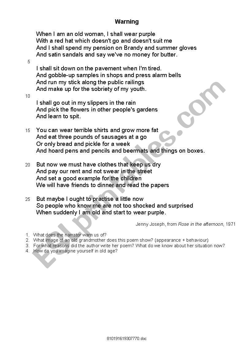 a poem warning worksheet