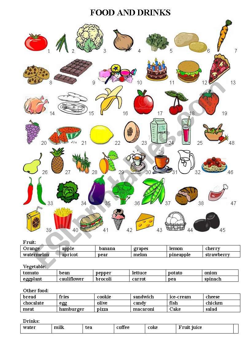 food and drinks worksheet