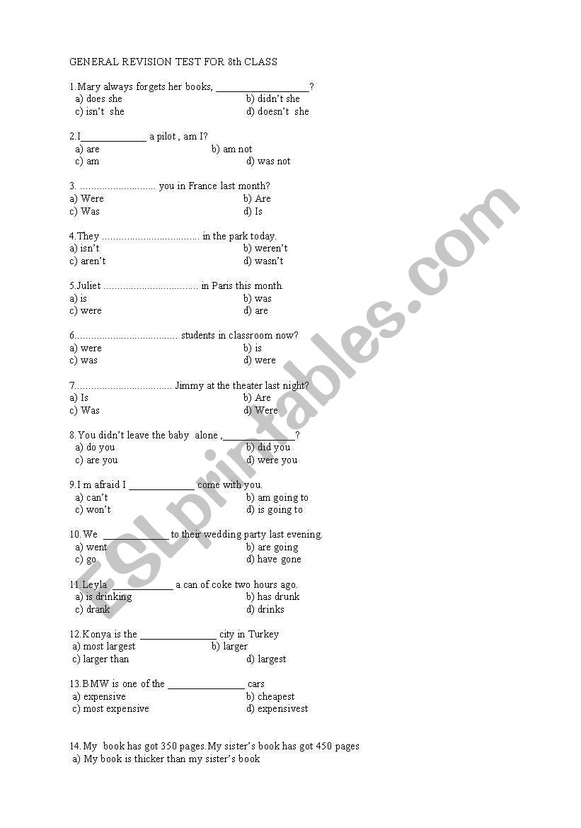 test about tenses worksheet