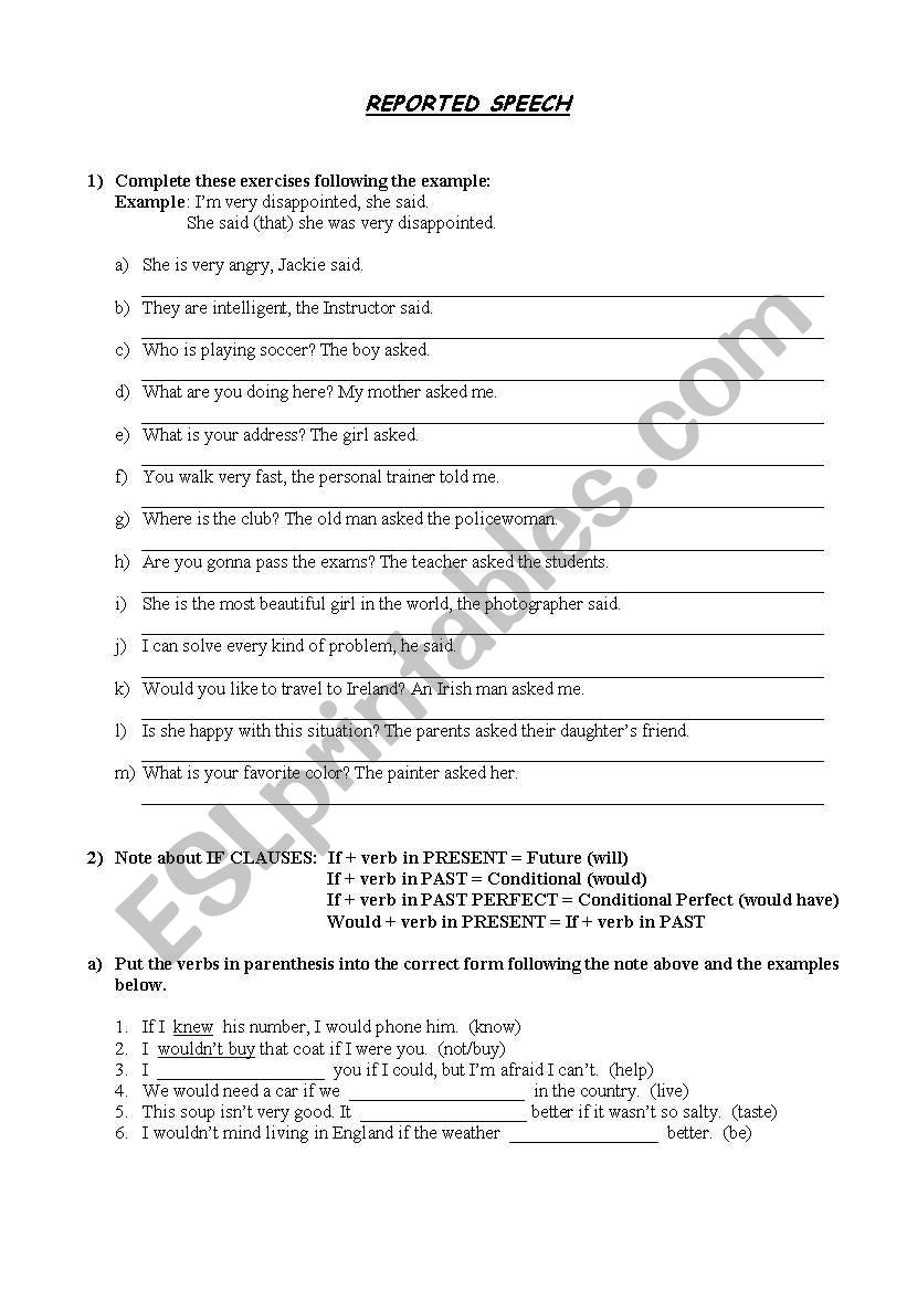 reported speech worksheet