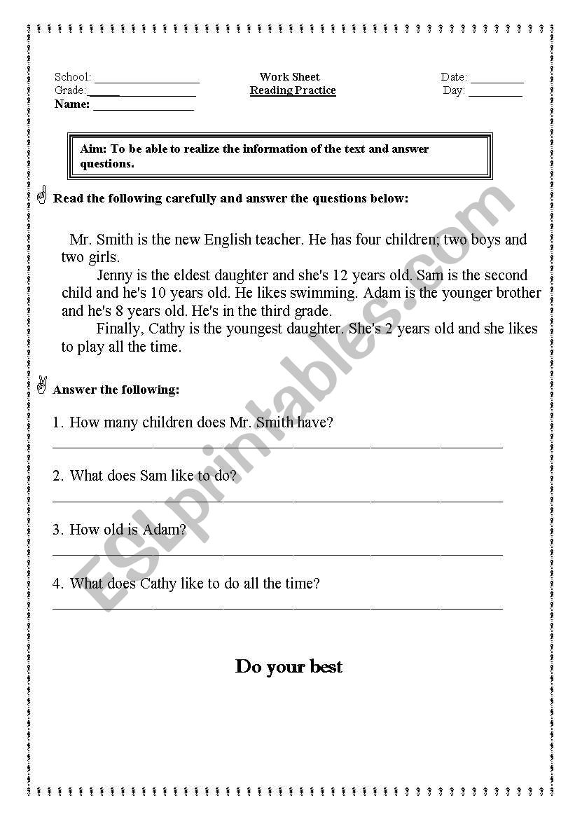 Reading worksheet