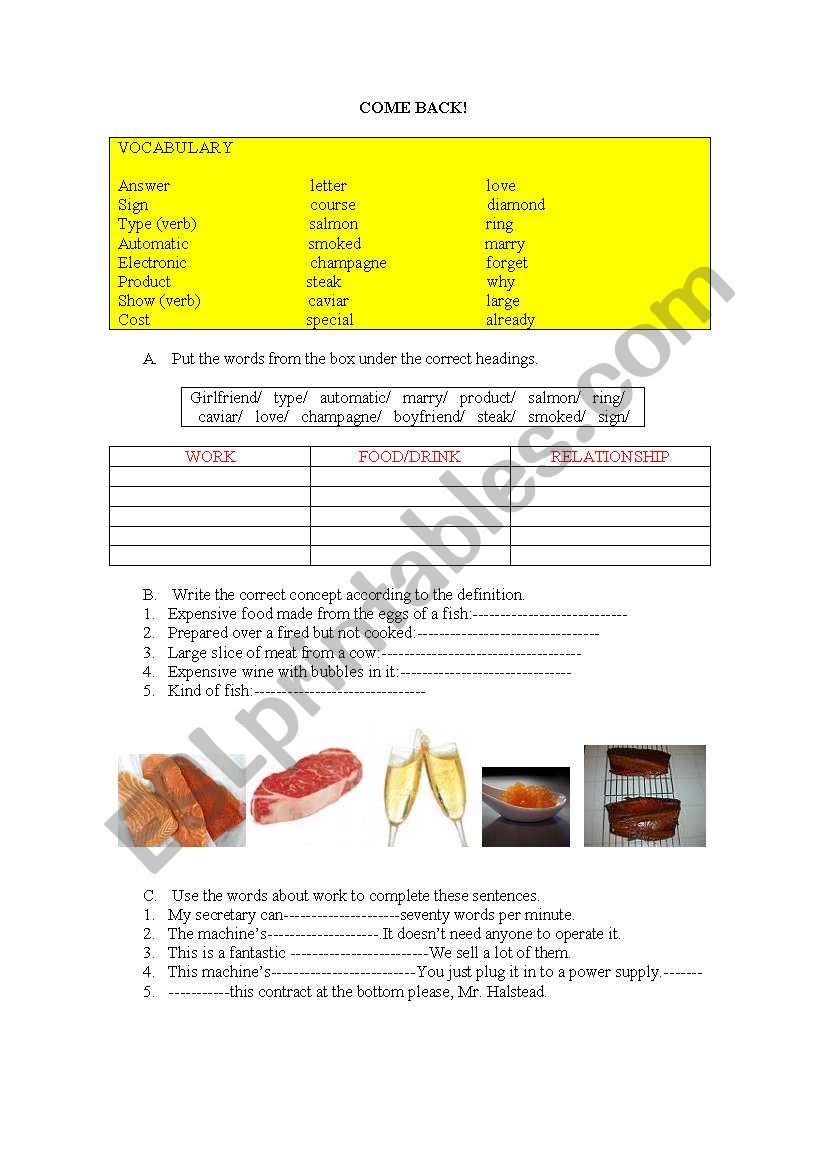 COME BACK! worksheet