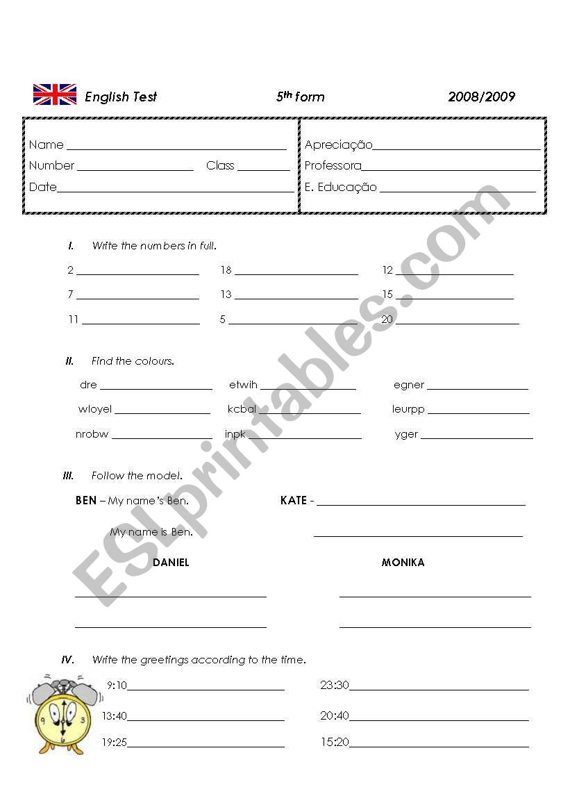 Written Test worksheet
