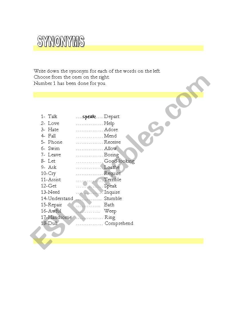 synonyms worksheet