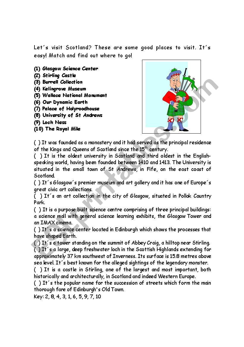 Scotland  - Places to visit worksheet