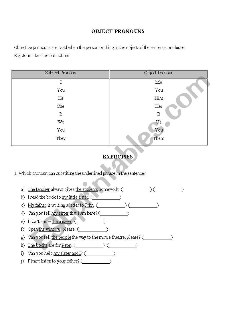 Object Pronoun worksheet