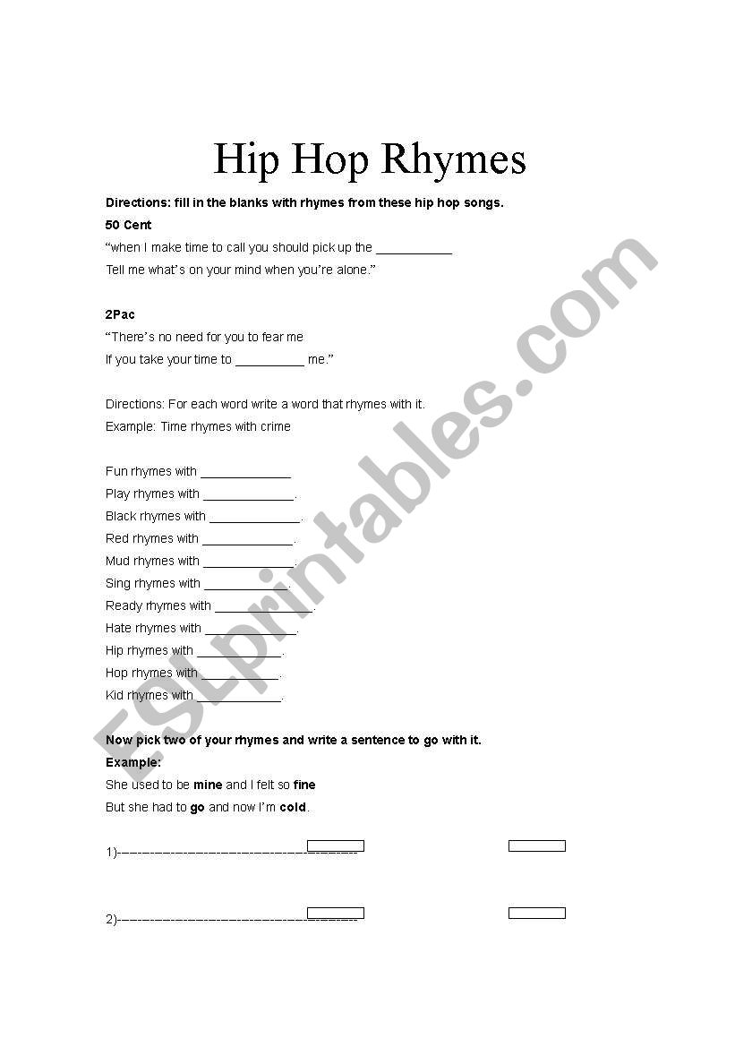 English Worksheets Write Your Own Rap