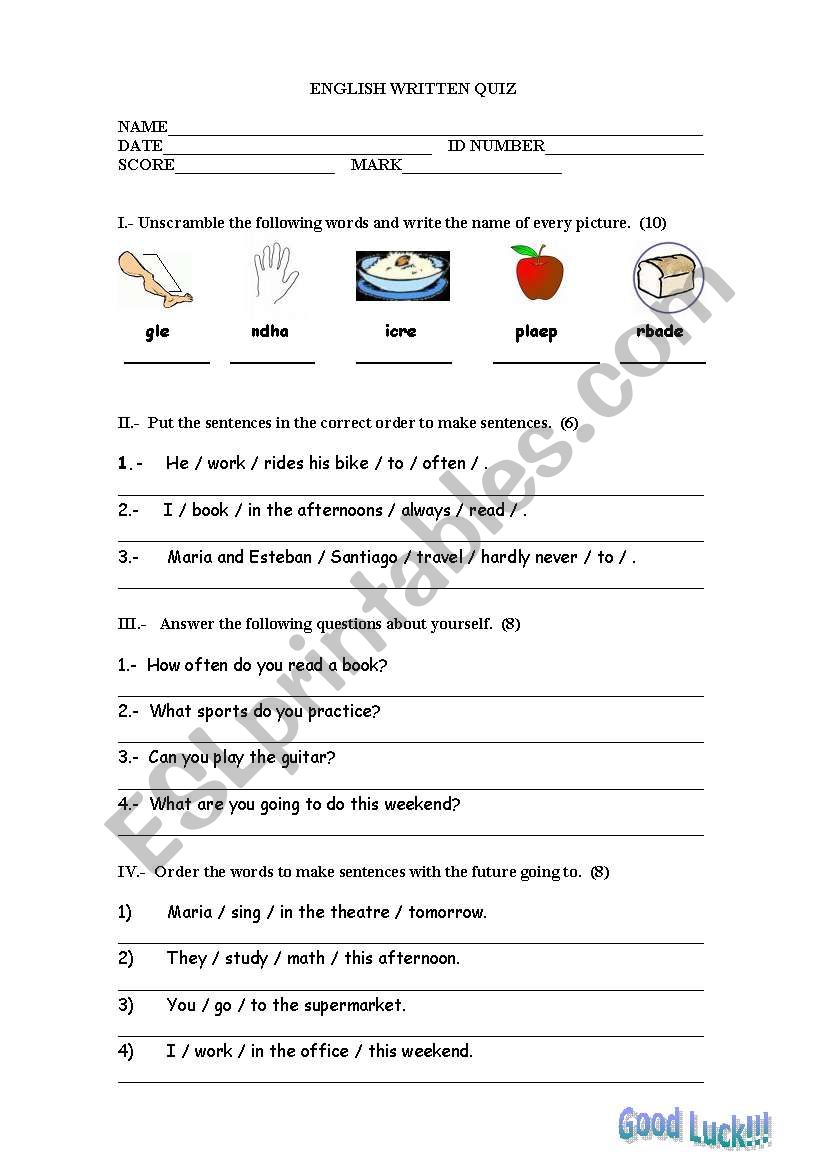 Written Quiz  - Review worksheet