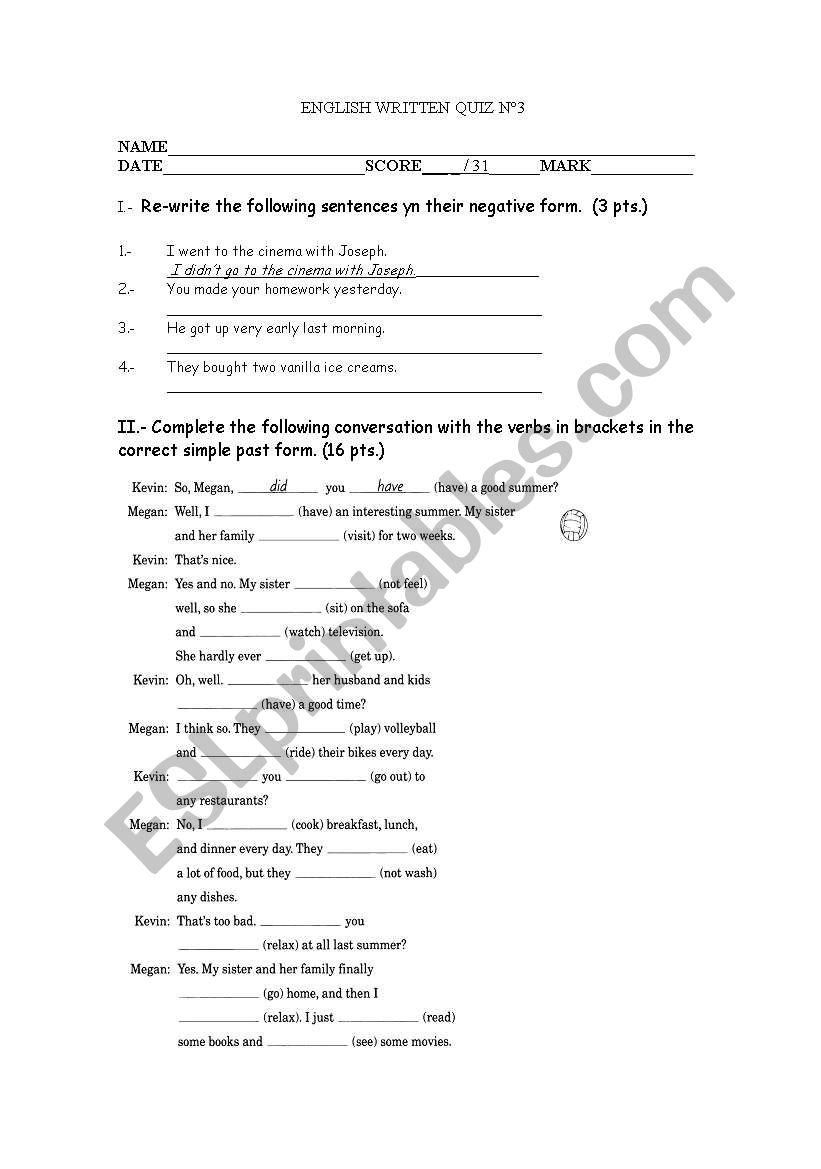 Wrtitten Quiz worksheet