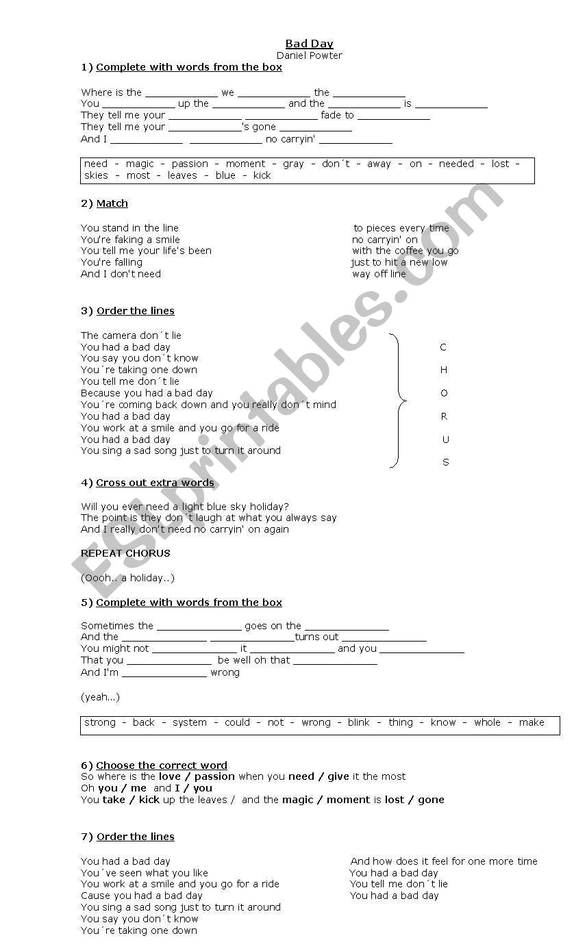 BAD DAY (Daniel Powter) worksheet