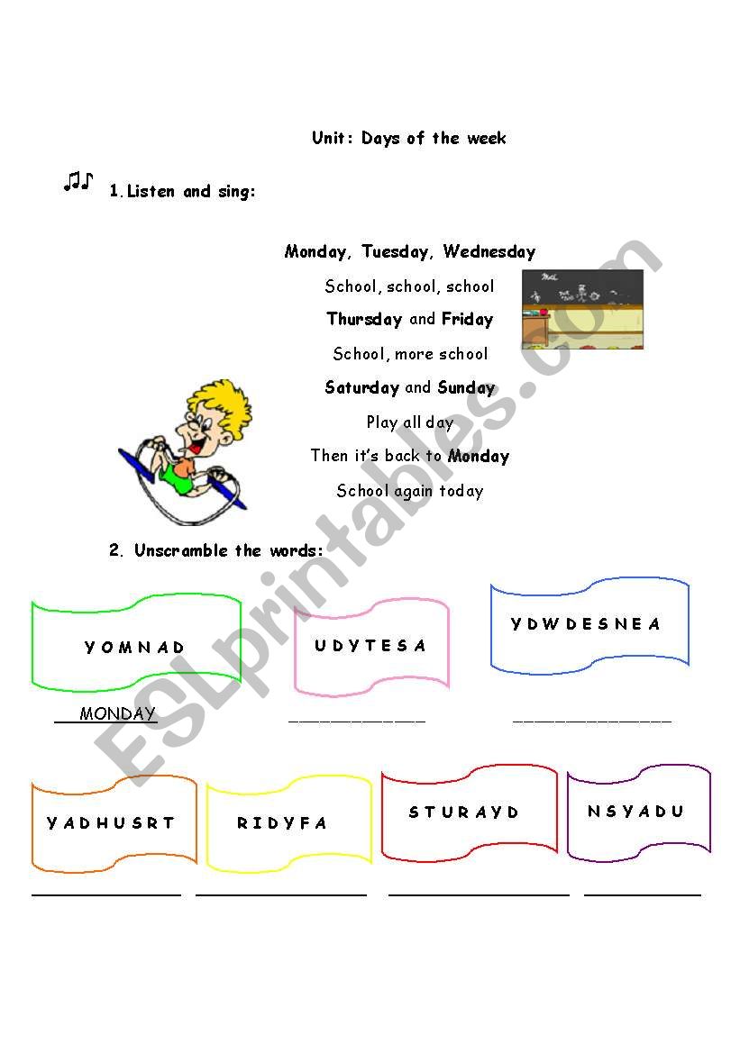 days of the week  worksheet