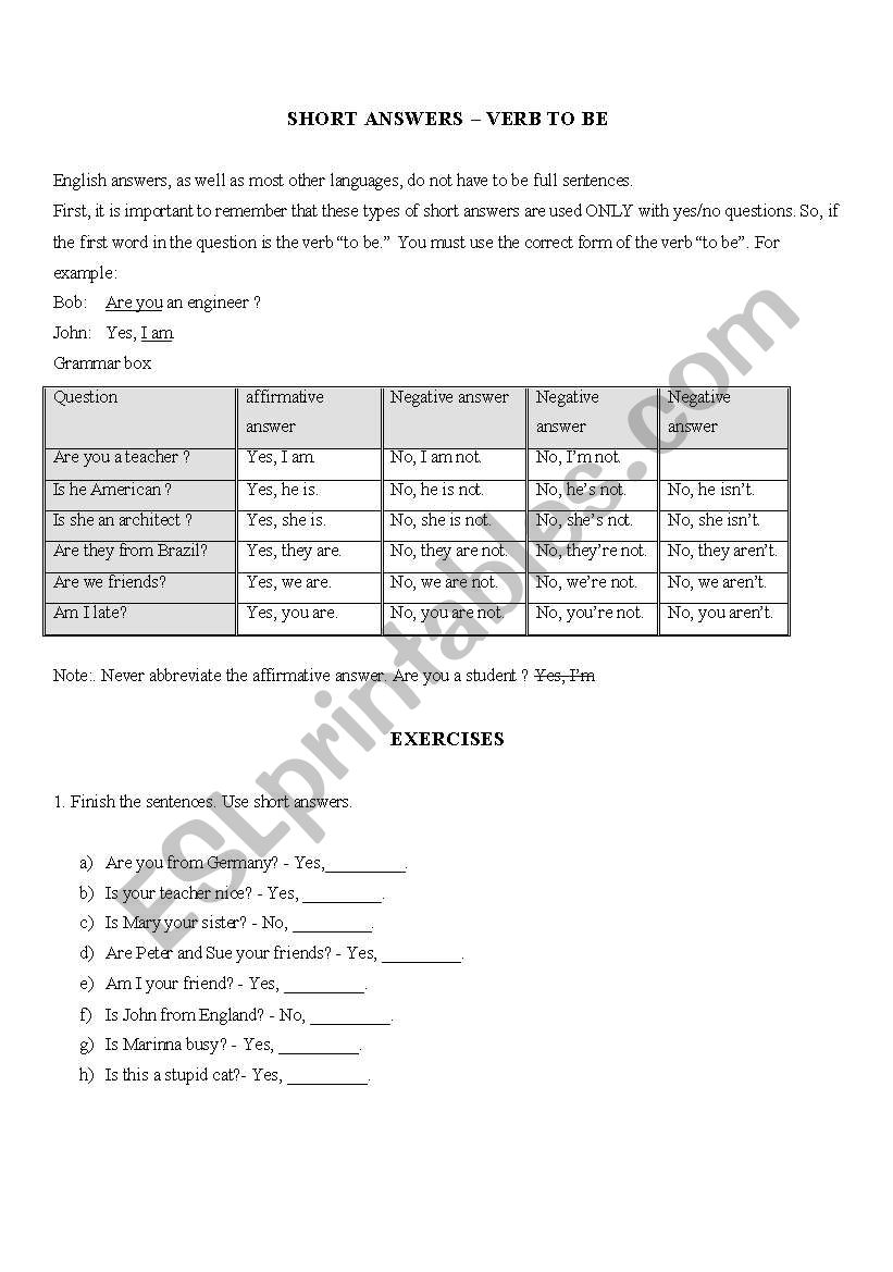 Short answers To BE worksheet