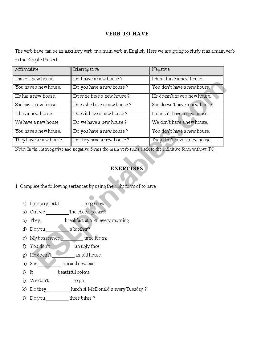 Verb To HAVE worksheet