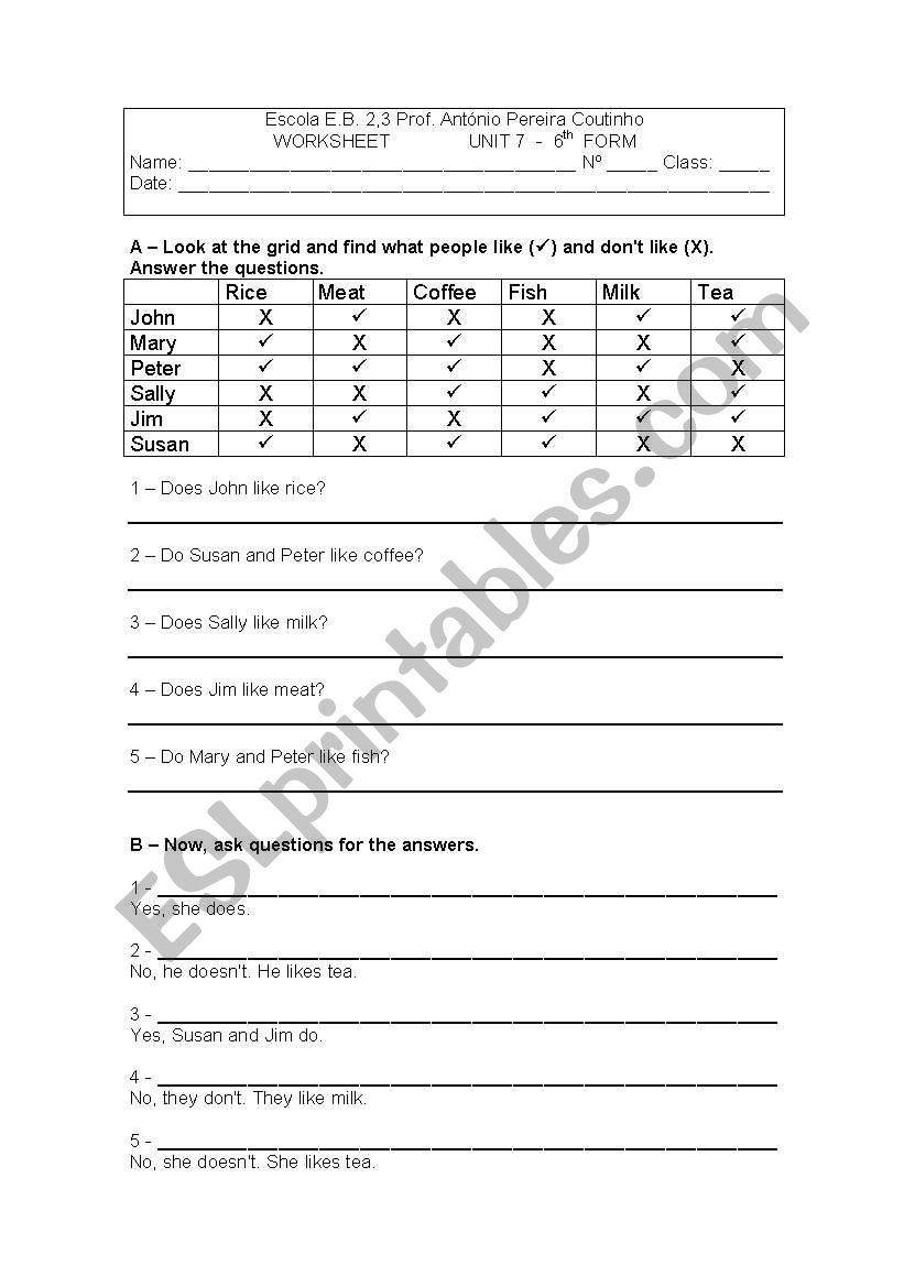 Likes and dislikes worksheet