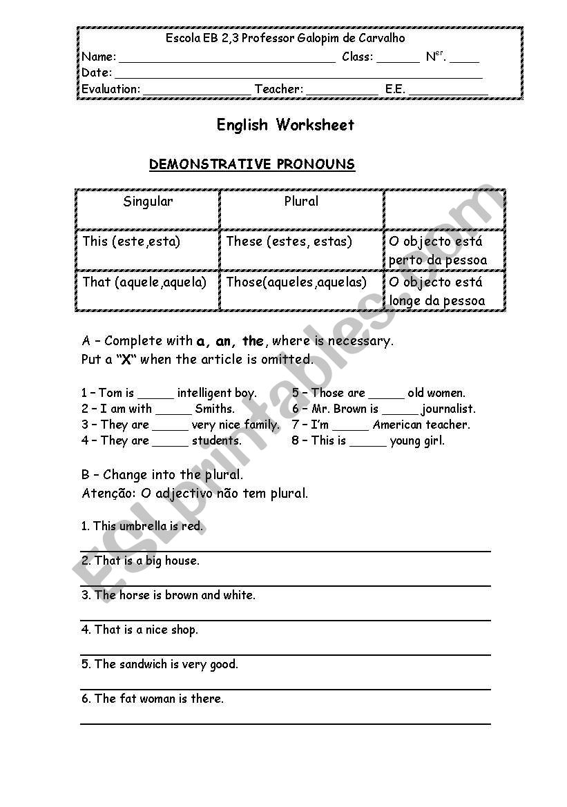 DEMONSTRATIVE PRONOUNS  worksheet