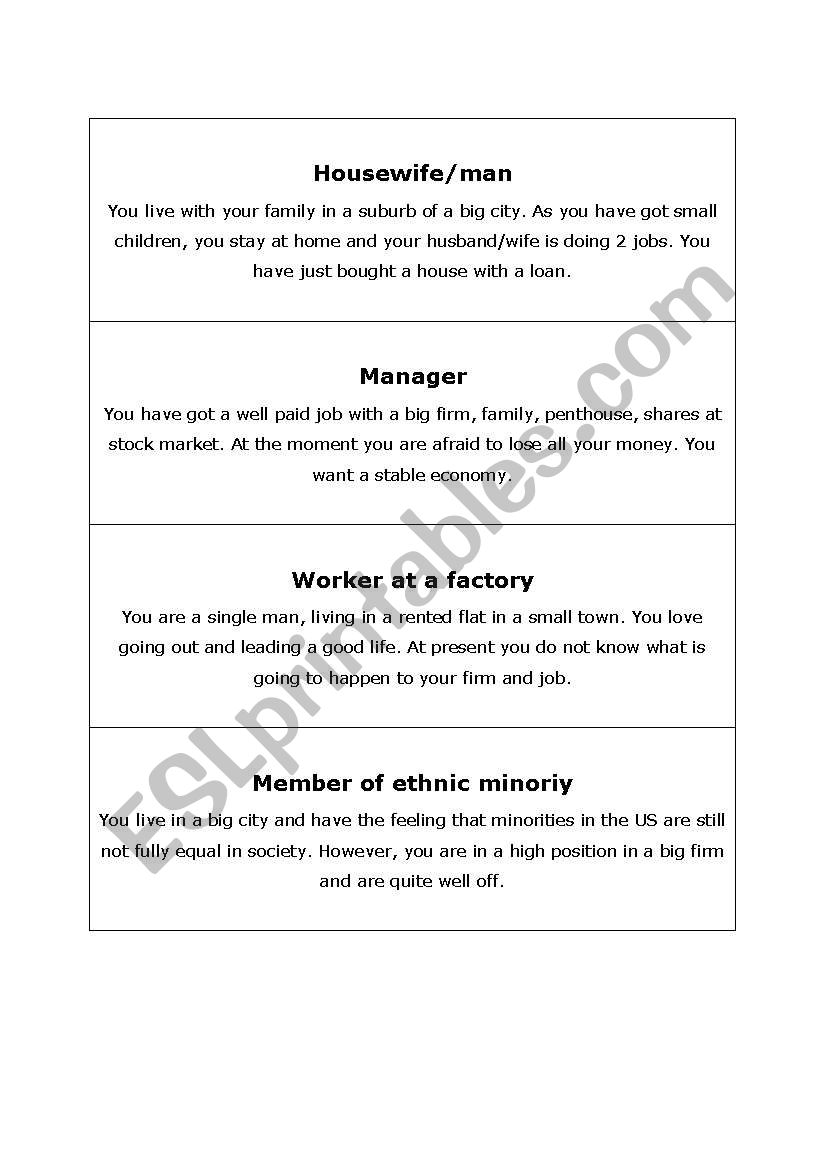 US Electins 2008 (or others) Cue cards for discussion and tasks