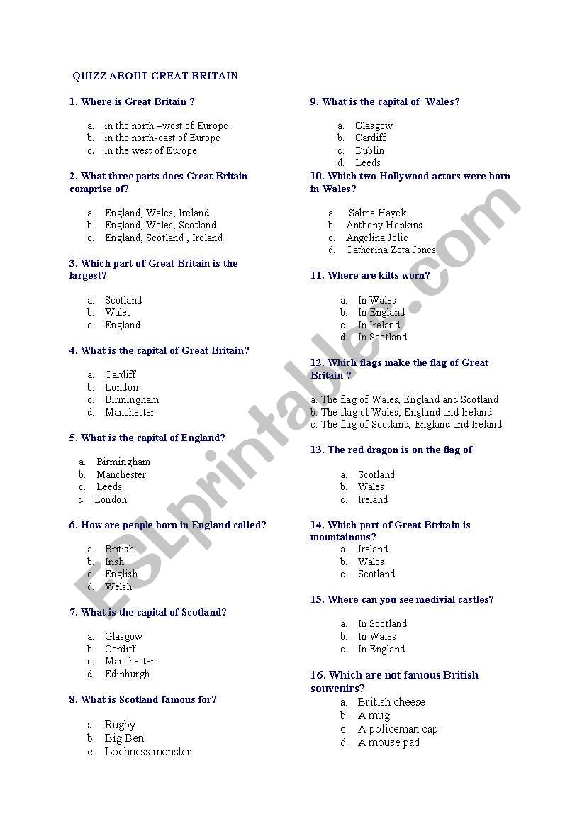 QUIZZ ABOUT BREAT BRITAIN worksheet