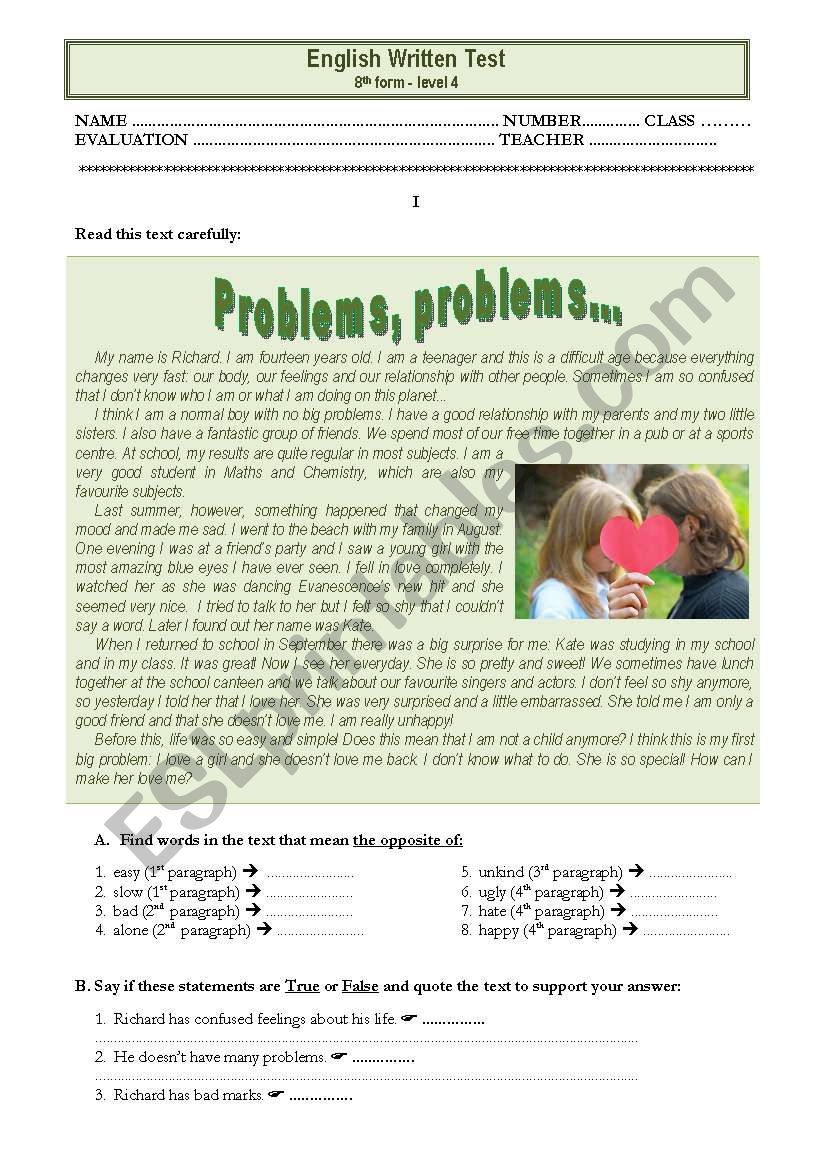 Test - problems worksheet