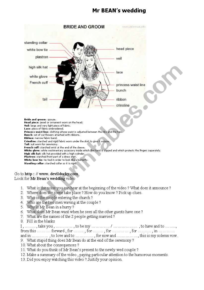 mr BEANs wedding video clip worksheet