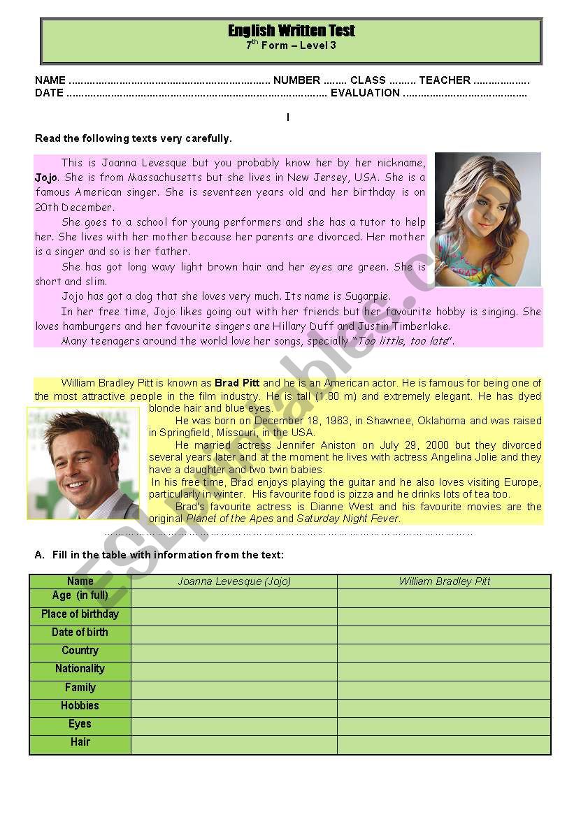 Test - two famous stars worksheet