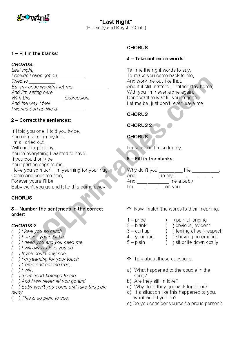 Song - Last  Night worksheet