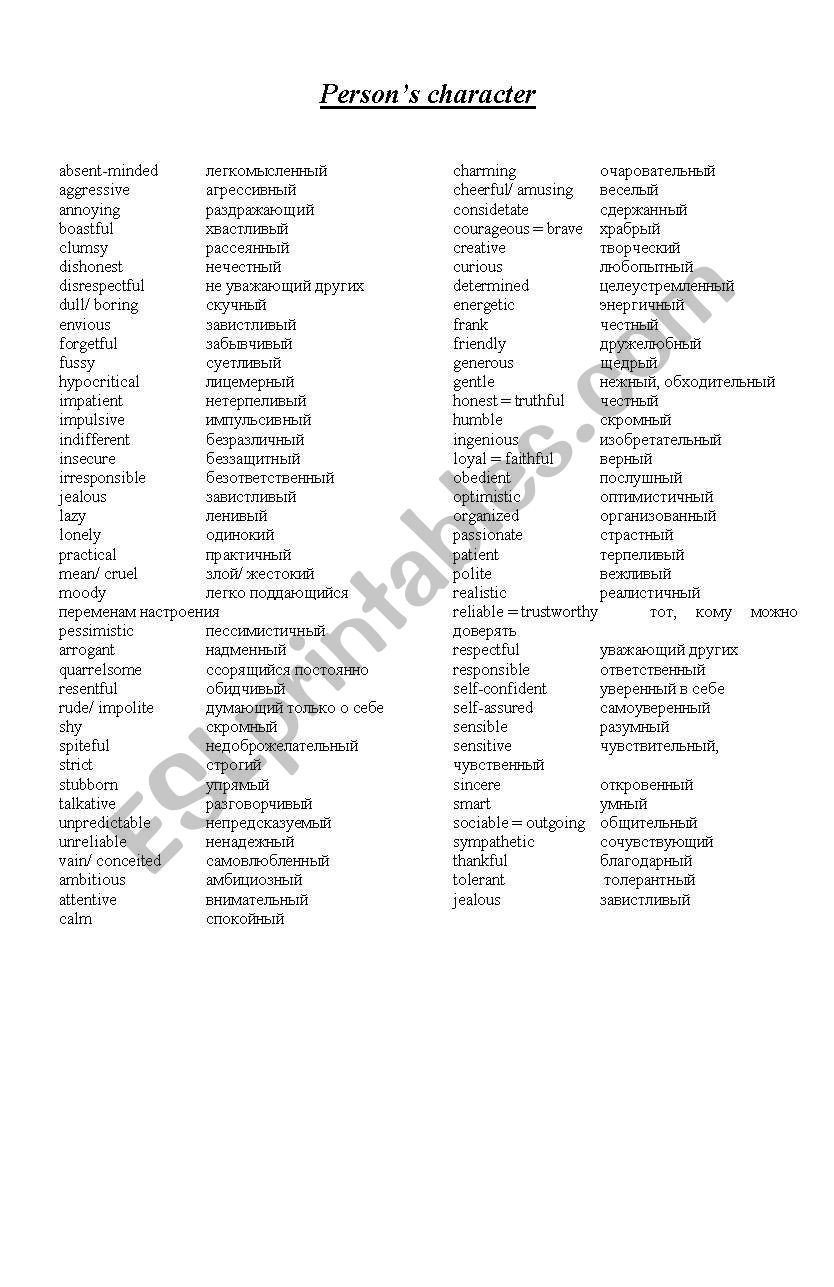 Persons character worksheet