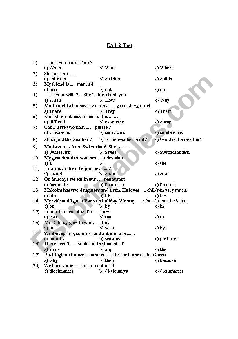 Multiple choice tests worksheet