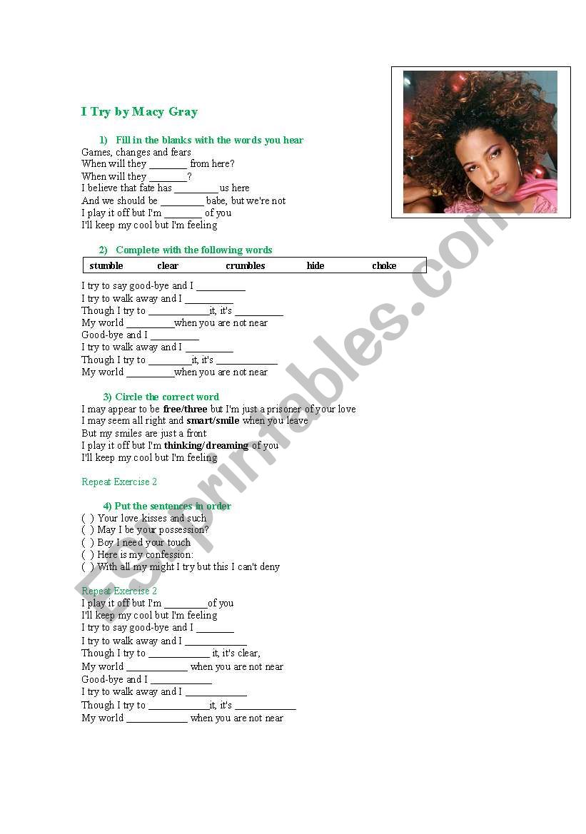 Song - I try by Macy gray worksheet