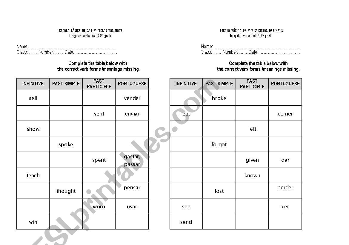 Chart with irregular verbs 2 worksheet