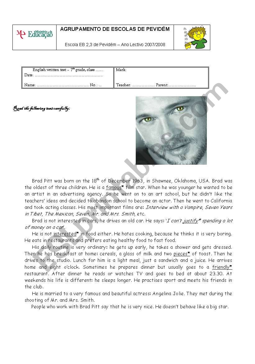 A written test about the film star Brad Pitt