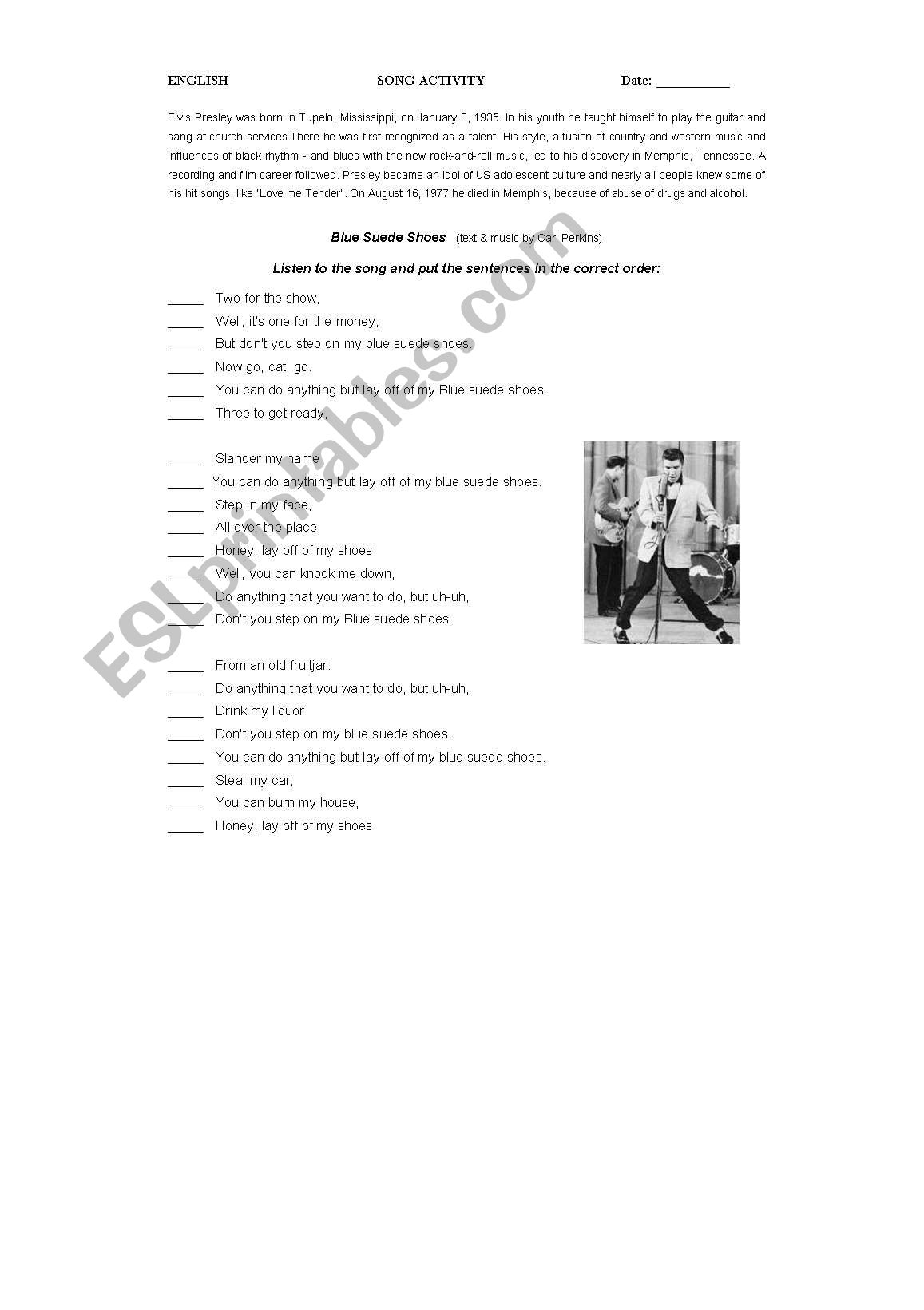Song Blue Suede Shoes worksheet