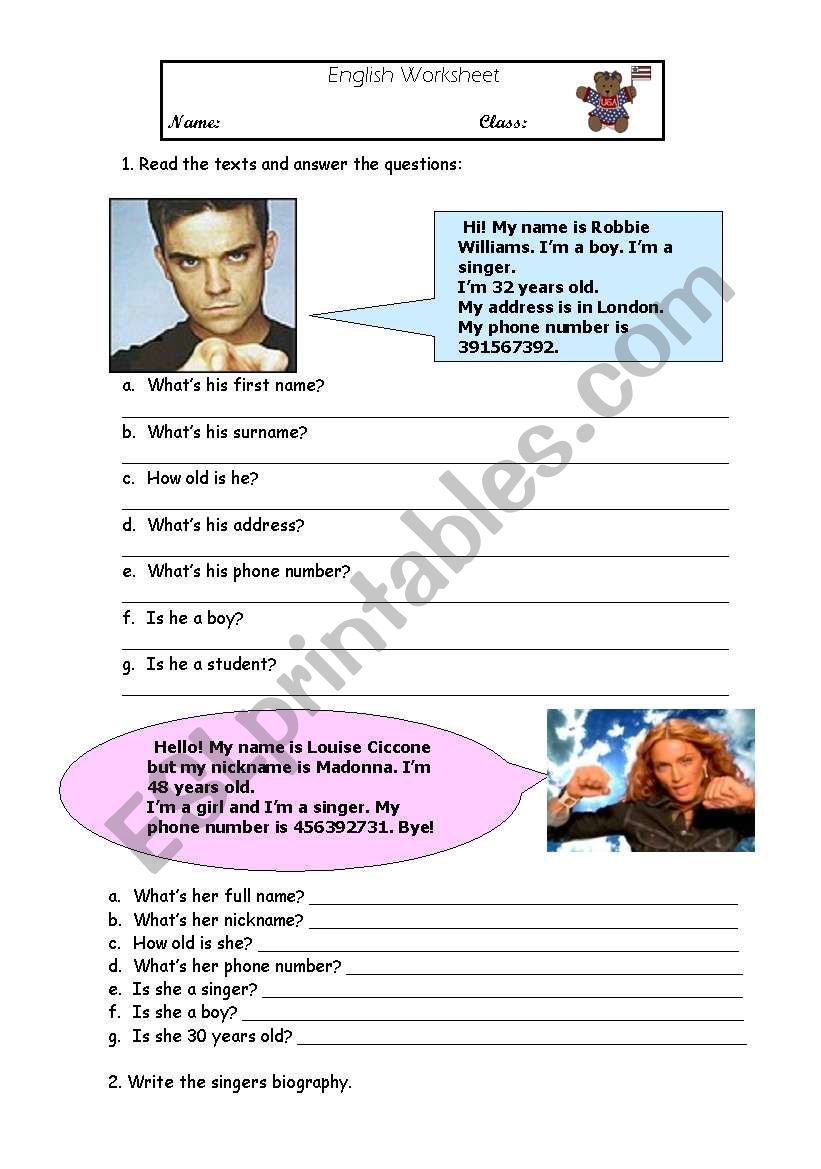 Personal Information worksheet