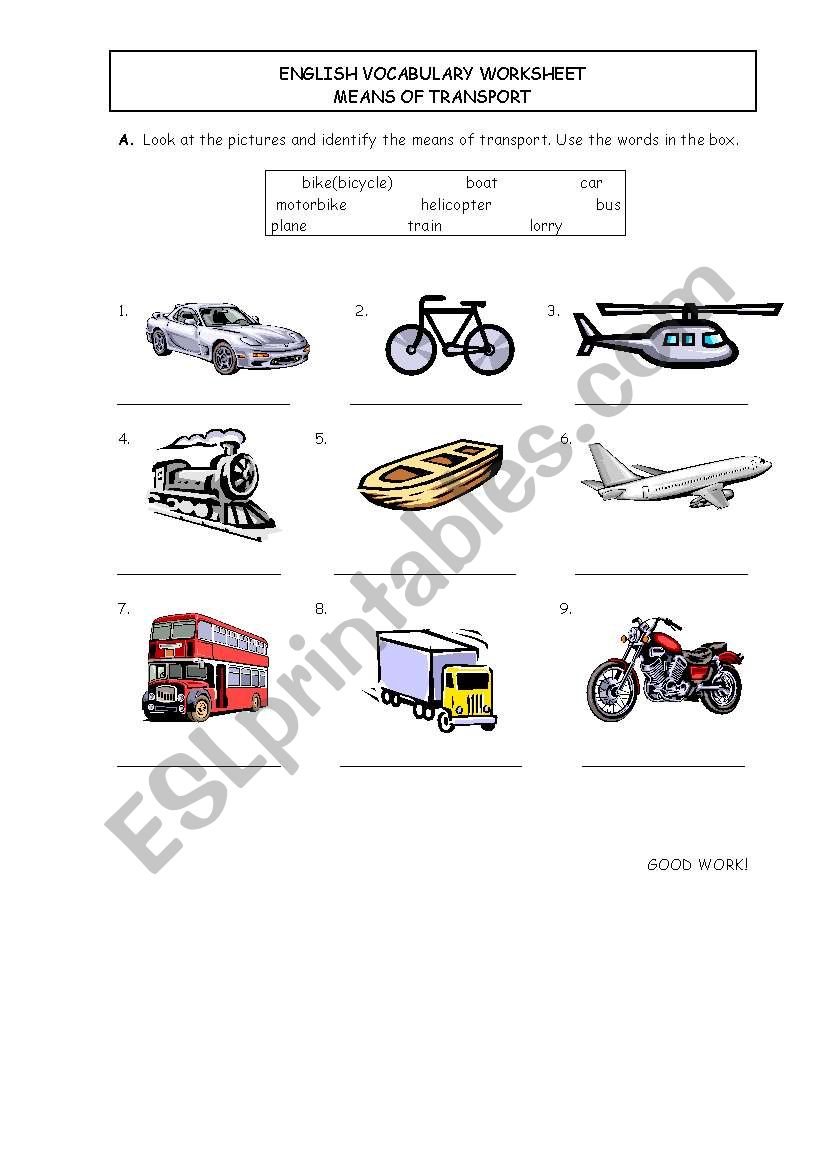 Means Of Transport Vocabulary Worksheet