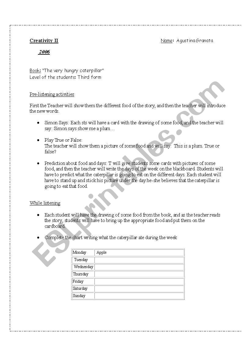 The very hungry caterpillar worksheet
