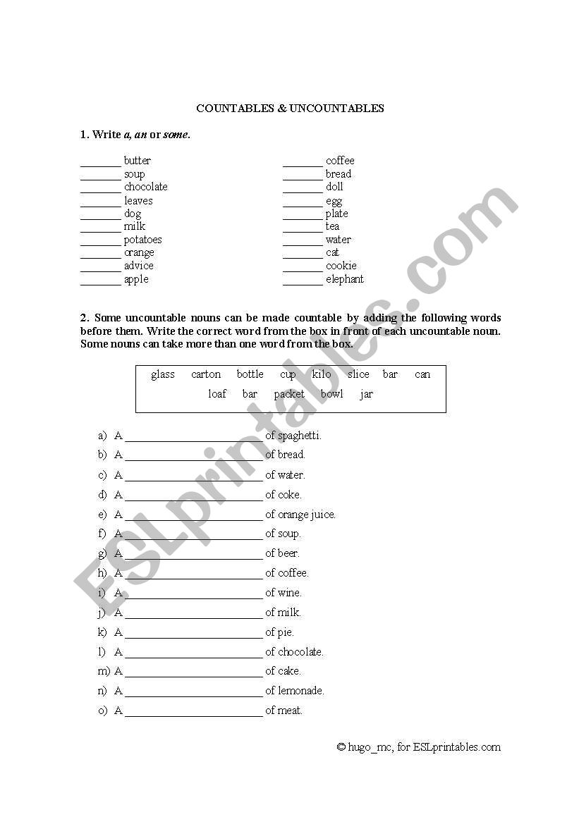 Countables & Uncountables worksheet