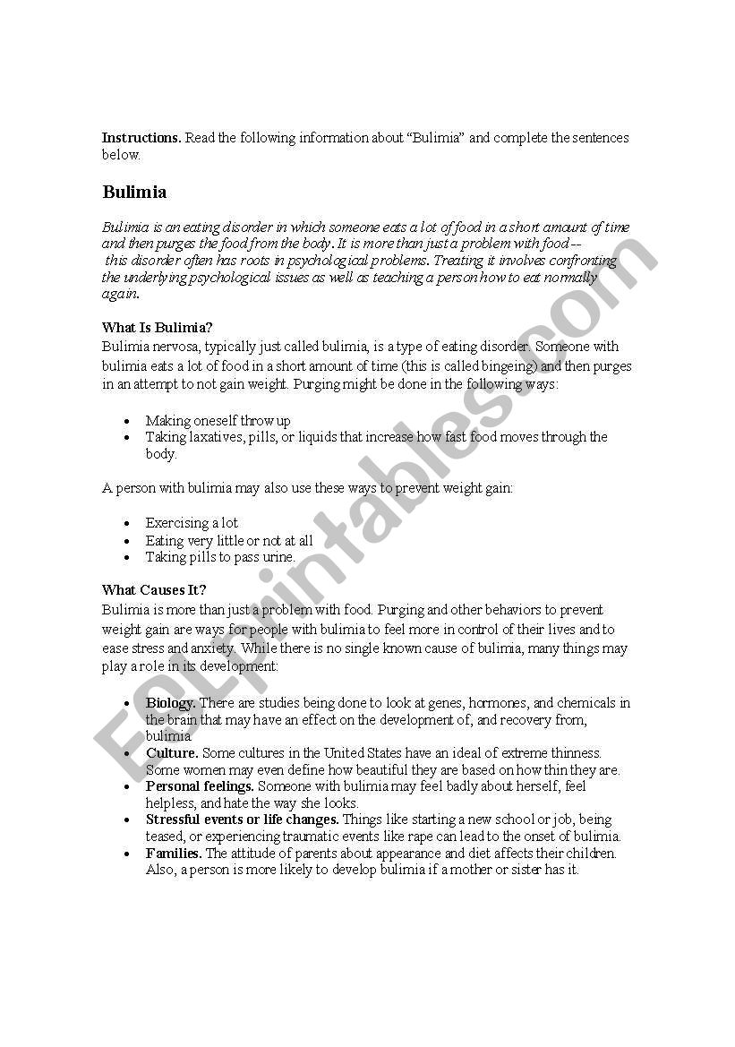 Blulimia worksheet