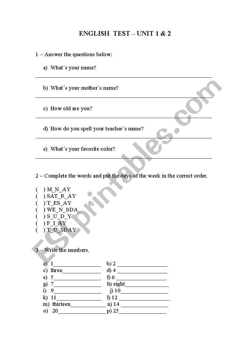 Begginer Test worksheet