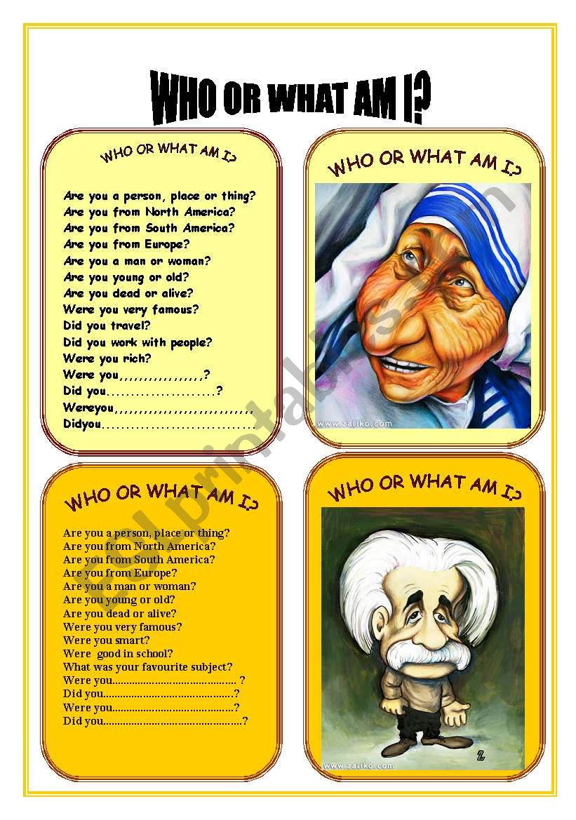 CARD FOUR WHO OR WHAT AM I worksheet